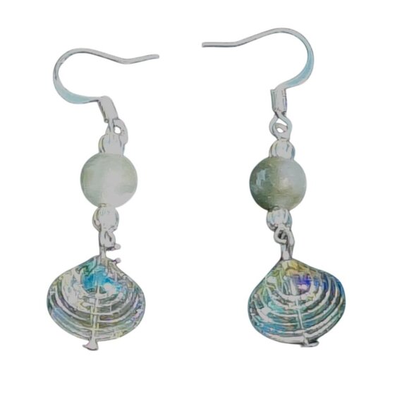 Czech glass pressed seashell beaded earrings moss agate 925 silver plated wires - Picture 2 of 2